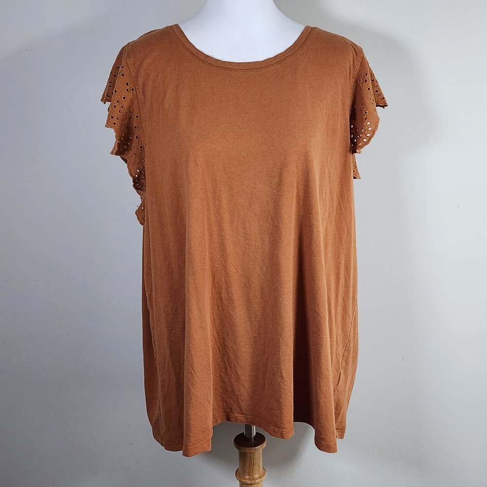 Penningtons Eyelet Sleeve Top Womens 3X Brown Cotton Blend Short Sleeve Earthy